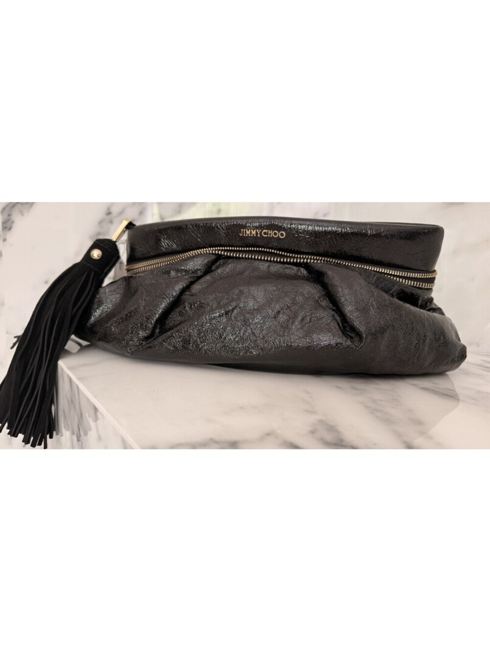 Jimmy Choo Lulu Black Crinkled Patent Leather Clutch Tassel NWT $1595 Authentic